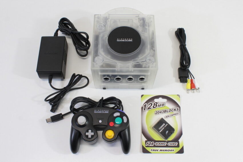 Nintendo GameCube Clear White Console DOL-001 W/ US/JPN Region Switch & Black Controller AV Cable AC Adapter 128MB Memory Card GC Play US & Japan Region Games White LED (A)