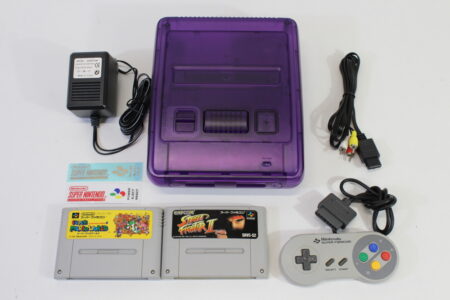 Super Famicom Console Transparent Clear Purple Controller x1 AC AV x2 Games (Super Mario World & Street Fighter II) NTSC REGION FREE White LED (A) Super Nintendo SNES Super Famicom SFC