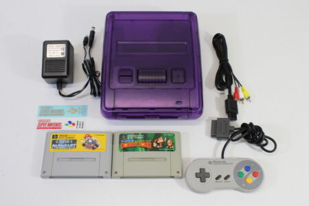 Super Famicom Console Transparent Clear Purple Controller x1 AC AV x2 Games (Super Mario Kart & Super Bomberman 2) NTSC REGION FREE White LED (A) Super Nintendo SNES Super Famicom SFC