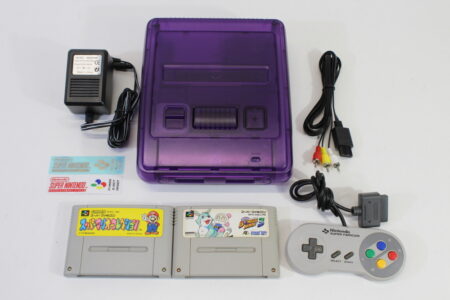 Super Famicom Console Transparent Clear Purple Controller x1 AC AV x2 Games (Super Mario All Stars & Super Bomberman 3) NTSC REGION FREE White LED (A) Super Nintendo SNES Super Famicom SFC