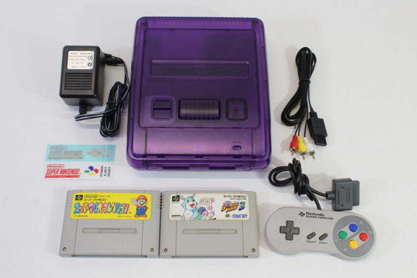 Super Famicom Console Transparent Clear Purple Controller x1 AC AV x2 Games (Super Mario All Stars & Super Bomberman 3) NTSC REGION FREE White LED (A) Super Nintendo SNES Super Famicom SFC