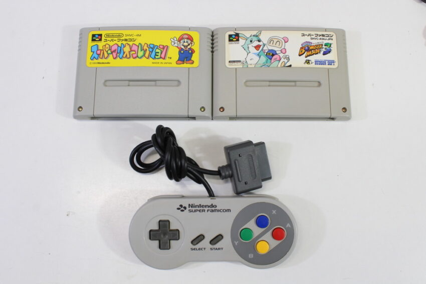 Super Famicom Console Transparent Clear Purple Controller x1 AC AV x2 Games (Super Mario All Stars & Super Bomberman 3) NTSC REGION FREE White LED (A) Super Nintendo SNES Super Famicom SFC