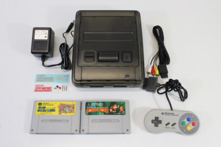 Super Famicom Console Transparent Clear Black Controller x1 AC AV x2 Games (Super Mario World & Donkey Kong Country) NTSC REGION FREE White LED (A) Super Nintendo SNES Super Famicom SFC