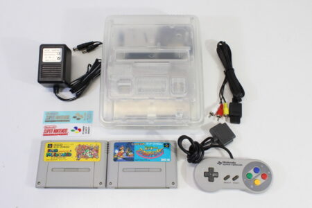 Super Famicom Console Transparent Crystal Clear White Controller x1 AC AV x2 Games (Super Mario World & Mickey Mouse Magical Quest ) NTSC REGION FREE White LED (A) Super Nintendo SNES Super Famicom SFC