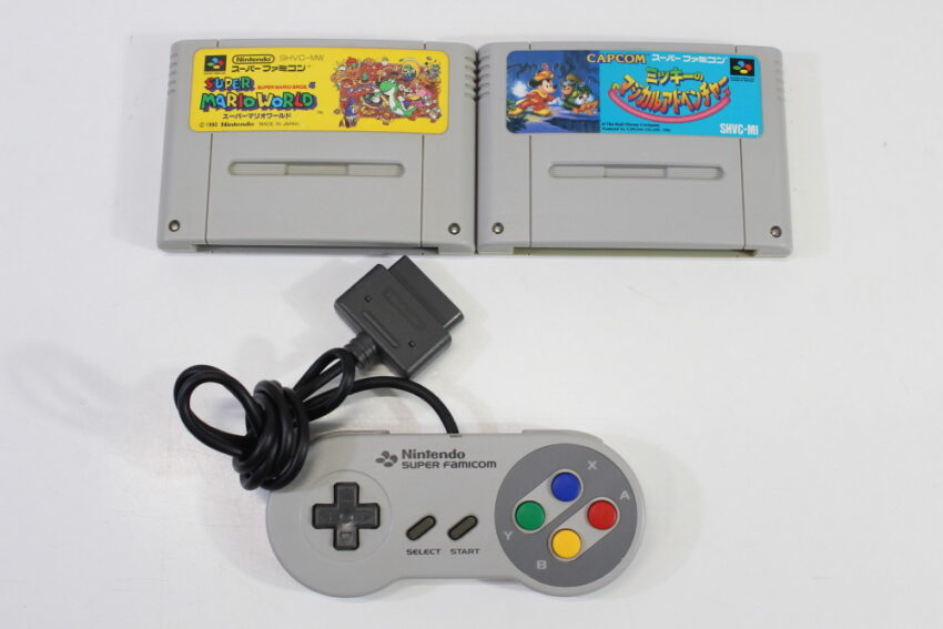 Super Famicom Console Transparent Crystal Clear White Controller x1 AC AV x2 Games (Super Mario World & Mickey Mouse Magical Quest ) NTSC REGION FREE White LED (A) Super Nintendo SNES Super Famicom SFC