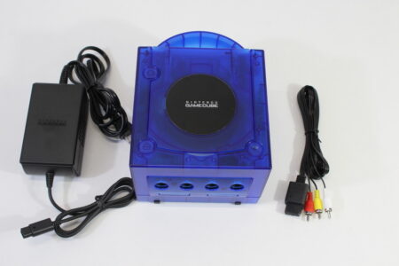 Nintendo GameCube Console & AC Adapter AV Cable Clear Translucent Dark Blue DOL-001 GC Play US Region Games White LED (A)