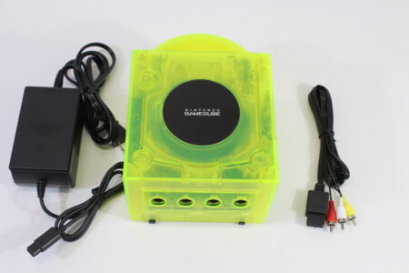 Nintendo GameCube Console & AC Adapter AV Cable Clear Translucent Yellow DOL-001 GC Play US Region Games White LED (A)