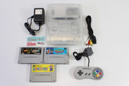 Super Famicom Console Transparent Crystal Clear White Controller x1 AC AV x3 Games (Mario Collection/All-Stars, Super Bomberman 2, Mickey Magical Quest) NTSC REGION FREE (A) Super Nintendo SNES Super Famicom SFC