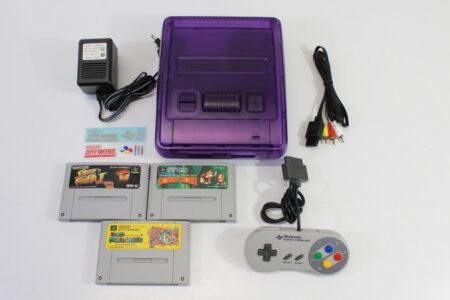 Super Famicom Console Transparent Clear Purple Controller x1 AC AV Games x3 (Super Mario World, Super Donkey Kong Country, Street Fighter II) NTSC REGION FREE (A) Super Nintendo SNES Super Famicom SFC