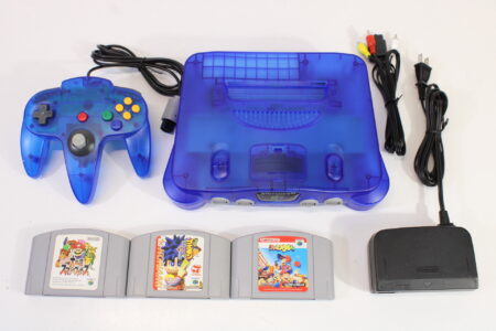 Nintendo 64 Clear Blue Console Super Smash Bros Goemon Famista Baseball Controller ACAV White LED Mod NTSC REGION FREE (A) N64