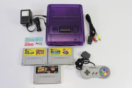 Super Famicom Console Transparent Clear Purple Controller x1 AC AV Games x3 (Super Mario World & Kart, Street Fighter II) NTSC REGION FREE (A) Super Nintendo SNES Super Famicom SFC