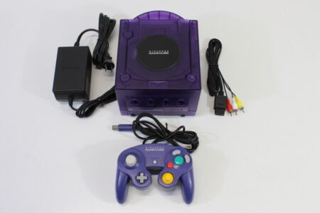 Nintendo GameCube Clear Purple Console DOL-001 & Purple Controller AV Cable AC Adapter GC Play US Region Games White LED (A)