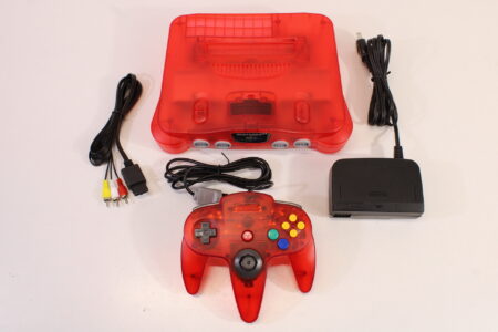 Nintendo 64 Clear Red Transparent Console White LED Mod NTSC REGION FREE & Controller AC AV (A) N64
