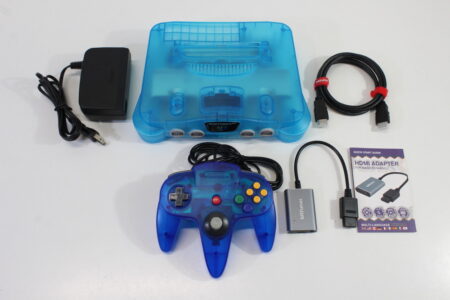 Nintendo 64 Clear Ice Blue Transparent Console White LED Mod NTSC REGION FREE & Blue Controller AC HDMI Adapter (A) N64