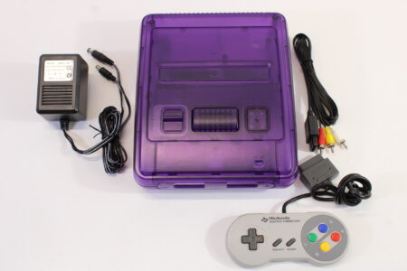 Super Famicom Console Transparent Clear Purple Controller x1 AC AV NTSC REGION FREE White LED (A) Super Nintendo SNES Super Famicom SFC