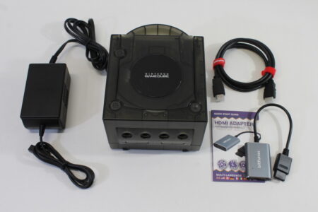 Nintendo GameCube Console & AC & 720P S-Video to HDMI Adapter Clear Transparent Black DOL-001 GC Play US Region Games White LED (A)