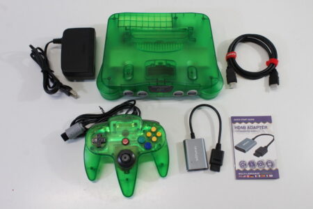 Nintendo 64 Clear Jungle Green Transparent Console White LED Mod NTSC REGION FREE & Controller AC S-Video to HDMI Adapter (A) N64