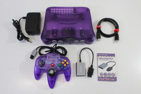 Nintendo 64 Clear Purple Transparent Console White LED Mod NTSC REGION FREE & Controller AC S-Video to HDMI Adapter (A) N64
