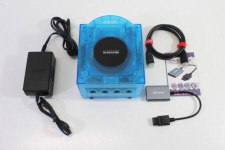 Nintendo GameCube Console & AC & 720P S-Video to HDMI Adapter Clear Transparent Sky Ice Blue DOL-001 GC Play US Region Games White LED (A)
