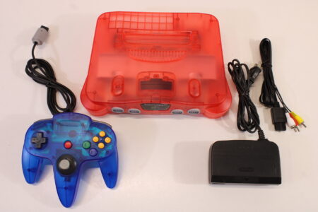 Nintendo 64 Clear Cherry Red Transparent Console White LED Mod NTSC REGION FREE & Blue Controller AC AV (A) N64