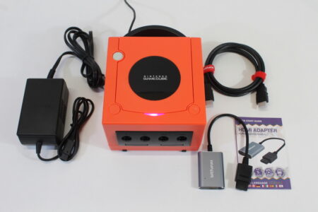 Nintendo GameCube Console Warm Red x Black DOL-001 & AC & 720P S-Video to HDMI Adapter Play US Region Games Pink LED (A)