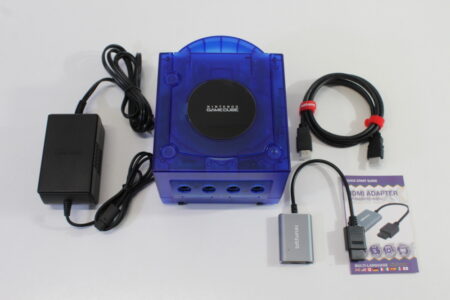 Nintendo GameCube Console & AC & 720P S-Video to HDMI Adapter Clear Transparent Dark Blue DOL-001 GC Play US Region Games White LED (A)