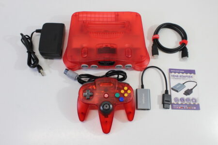 Nintendo 64 Clear Red Transparent Console White LED Mod NTSC REGION FREE & Controller AC S-Video to HDMI Adapter (A) N64