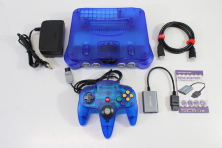 Nintendo 64 Clear Dark Blue Transparent Console White LED Mod NTSC REGION FREE & Controller AC S-Video to HDMI Adapter (A) N64