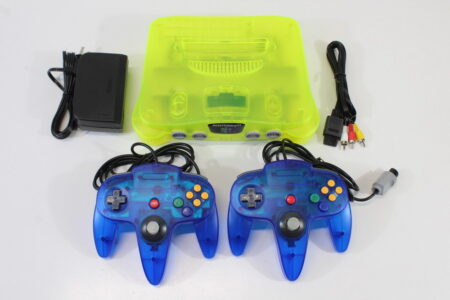Nintendo 64 Clear Neon Yellow / Extreme Green Console White LED & Blue Controller x2 AC AV Plays US and Japanese Games (A) N64