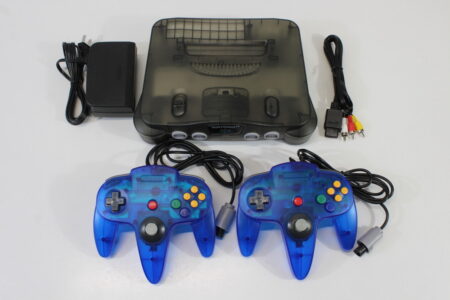 Nintendo 64 Clear Black / Smoke Grey Console White LED & Blue Controller x2 AC AV Plays US and Japanese Games (A) N64