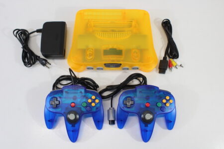 Nintendo 64 Clear Orange Console White LED & Blue Controller x2 AC AV Plays US and Japanese Games (A) N64