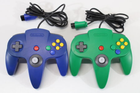 Lot of 2 Official Nintendo 64 Controller Green & Blue 7/10 Tight Stick N64 Discolored (B)