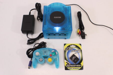 Nintendo GameCube Clear Ice Blue Console & Controller AC Adapter AV Cable Memory Card GC Play US Region Games (B)