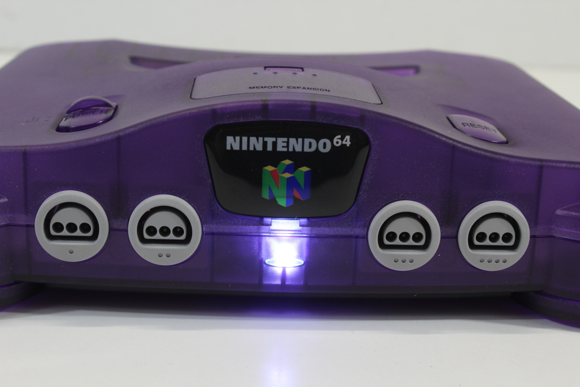 Nintendo 64 Clear Purple Transparent Console White LED Mod NTSC REGION FREE & Controller x2 AC S-Video to HDMI Adapter 4 Games (A) N64