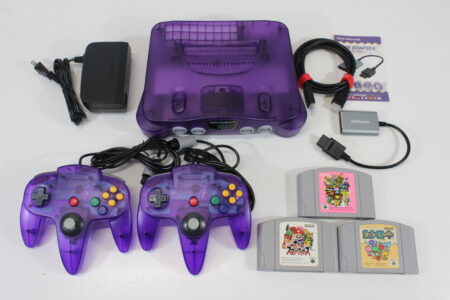 Nintendo 64 Clear Purple Transparent Console White LED Mod NTSC REGION FREE & Controller x2 AC S-Video to HDMI Adapter 3 Games (A) N64