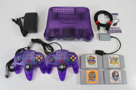 Nintendo 64 Clear Purple Transparent Console White LED Mod NTSC REGION FREE & Controller x2 AC S-Video to HDMI Adapter 4 Games (A) N64