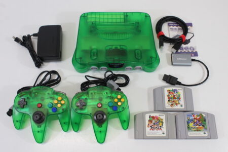 Nintendo 64 Clear Jungle Green Transparent Console White LED Mod NTSC REGION FREE & Controller x2 AC S-Video to HDMI Adapter 3 Games (A) N64