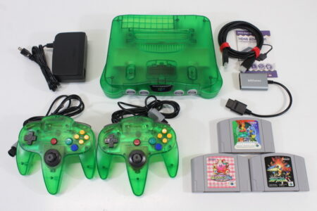 Nintendo 64 Clear Jungle Green Transparent Console White LED Mod NTSC REGION FREE & Controller x2 AC S-Video to HDMI Adapter 3 Games (A) N64