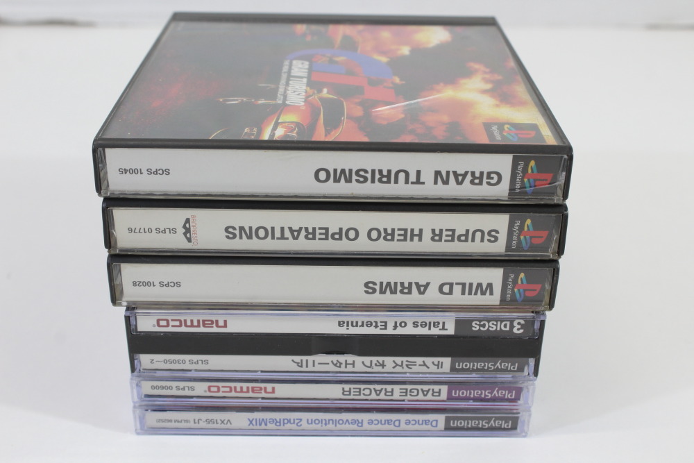 Lot of 6 Gran Turismo Wild Arms Super Hero Operations Tales of Eternia Race Racer Dance Dance Rebolution 2nd ReMix CIB (B) SONY PlayStation 1 PS1