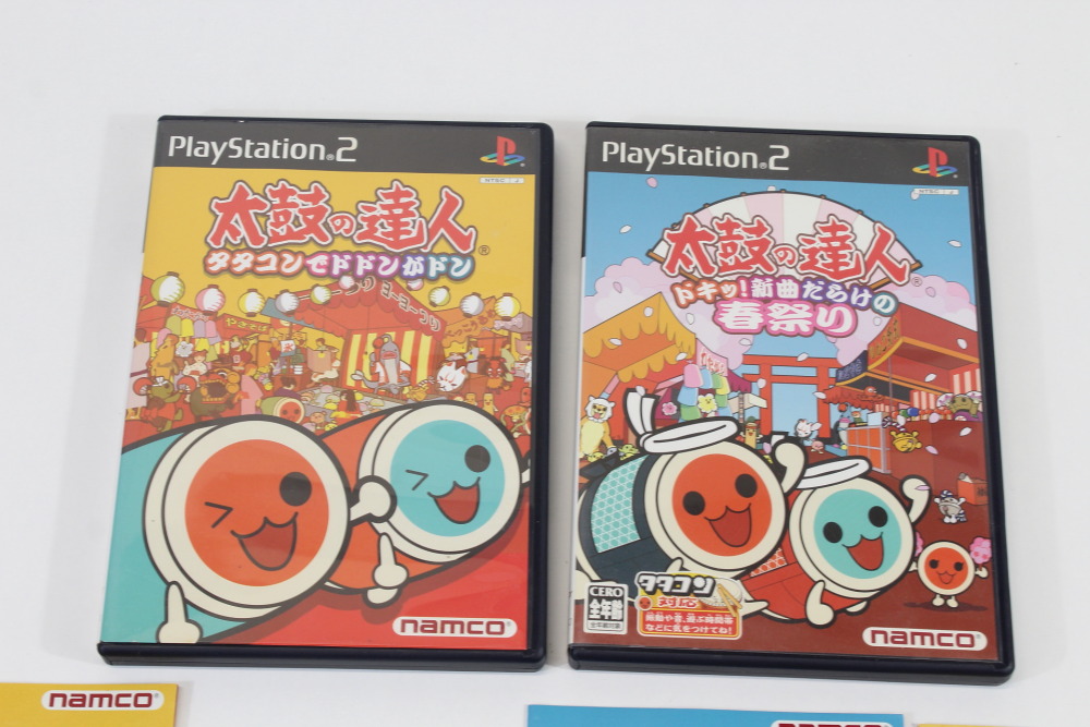 Lot of 2 Taiko no Tatsujin Drum Master Tatakon de Dodon ga Don & Doki Shinkyoku Darake no Harumatsuri CIB (B) SONY PlayStation 2 PS2