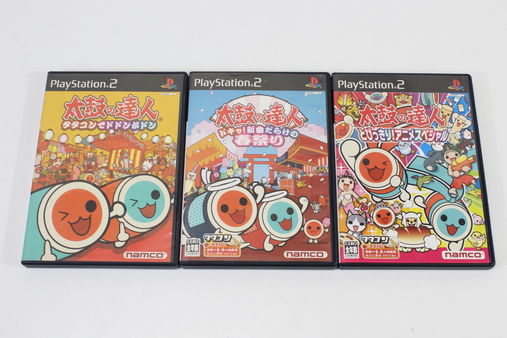 Lot of 3 Taiko no Tatsujin Drum Master Tatakon de Dodon ga Don & Doki Shinkyoku Darake no Harumatsuri & Anime Special CIB (B) SONY PlayStation 2 PS2